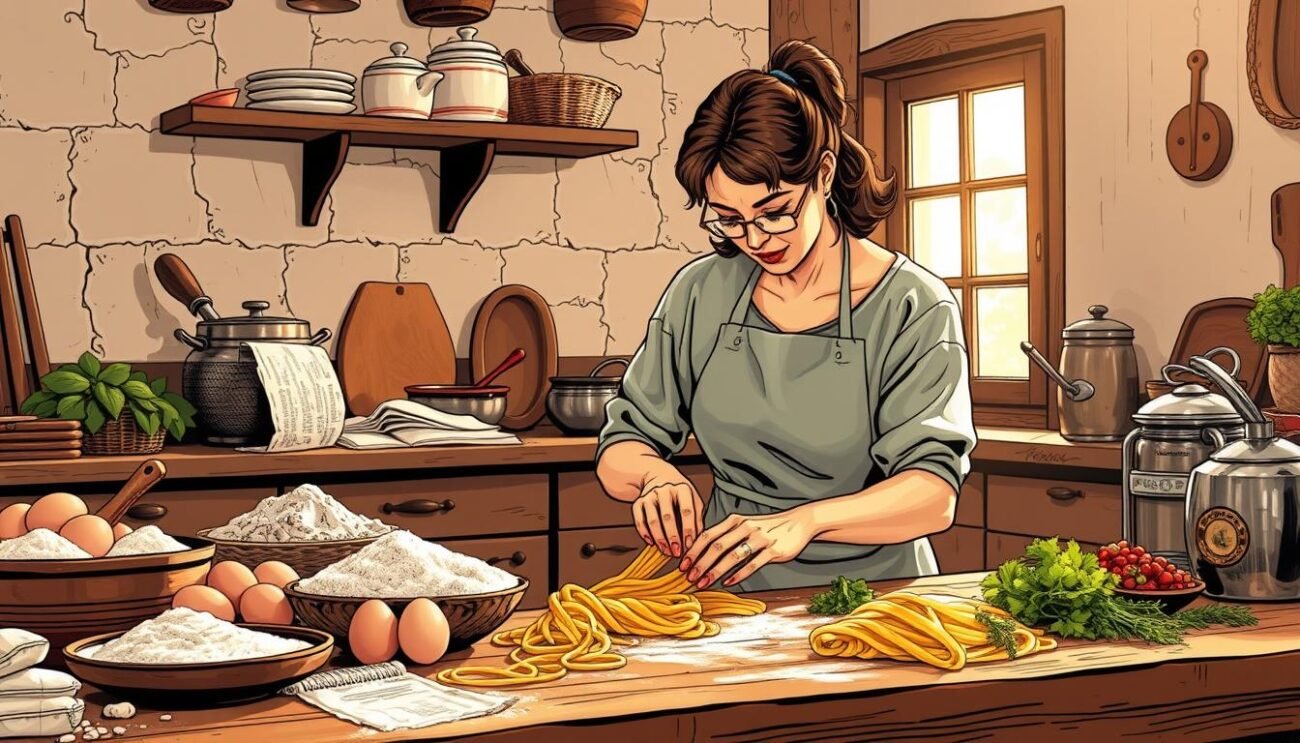 Donna che prepara la pasta