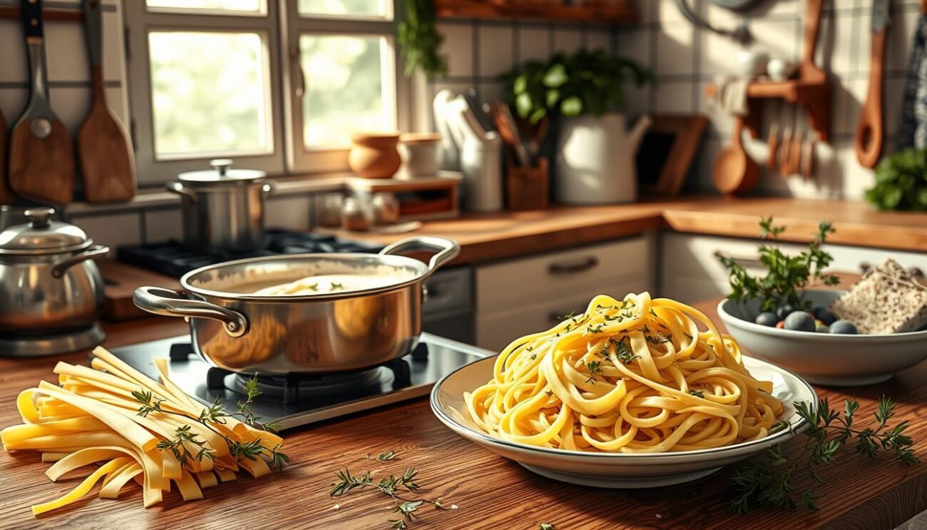 Preparazione delle fettuccine Alfredo