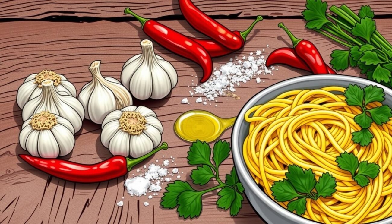 Ingredienti della ricetta aglio olio e peperoncino