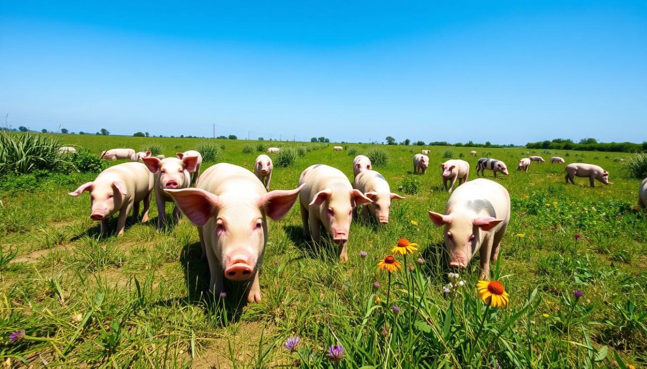 Maiali all'aperto in un allevamento estensivo