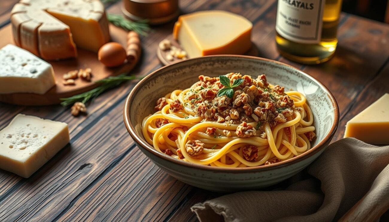 Pasta ai quattro formaggi con noci