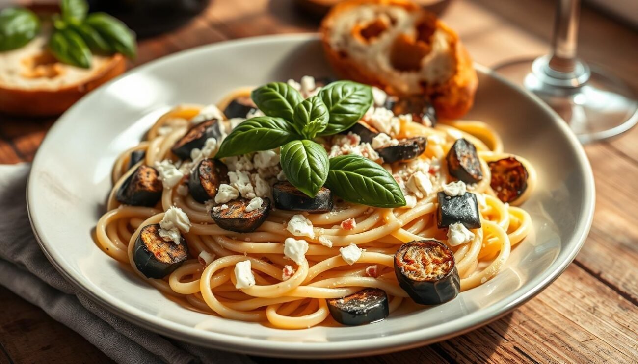 presentazione pasta alla norma bianca