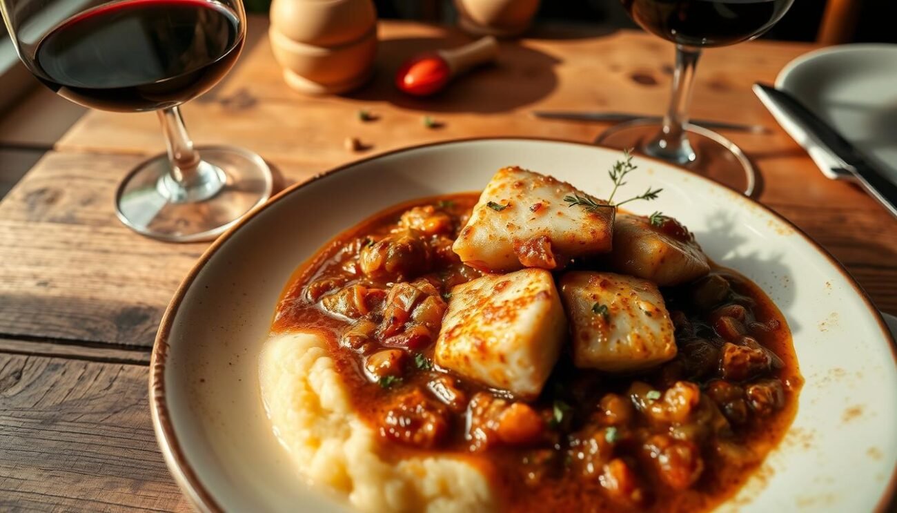 Baccalà alla Vicentina con polenta e vino