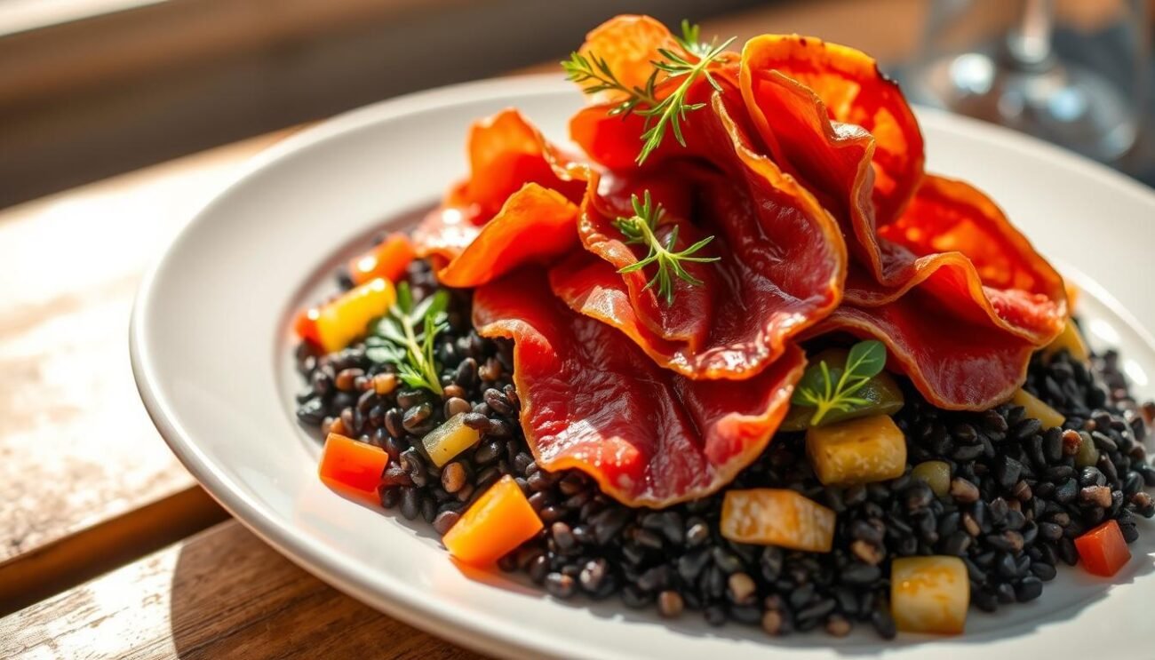 Bresaola con riso venere e verdure