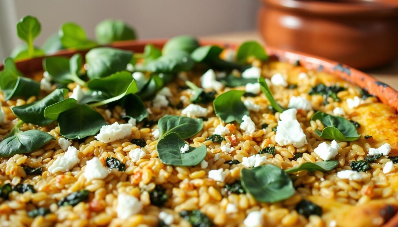 Farro al forno con spinaci e feta