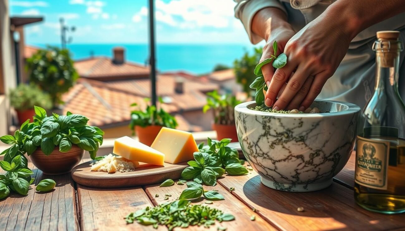 Preparazione del Pesto al Mortaio