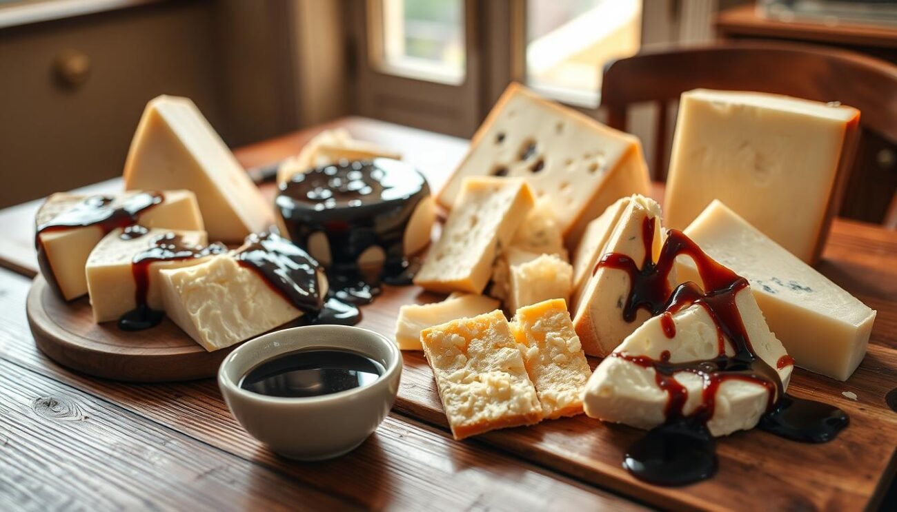 Presentazione di formaggi e aceto balsamico