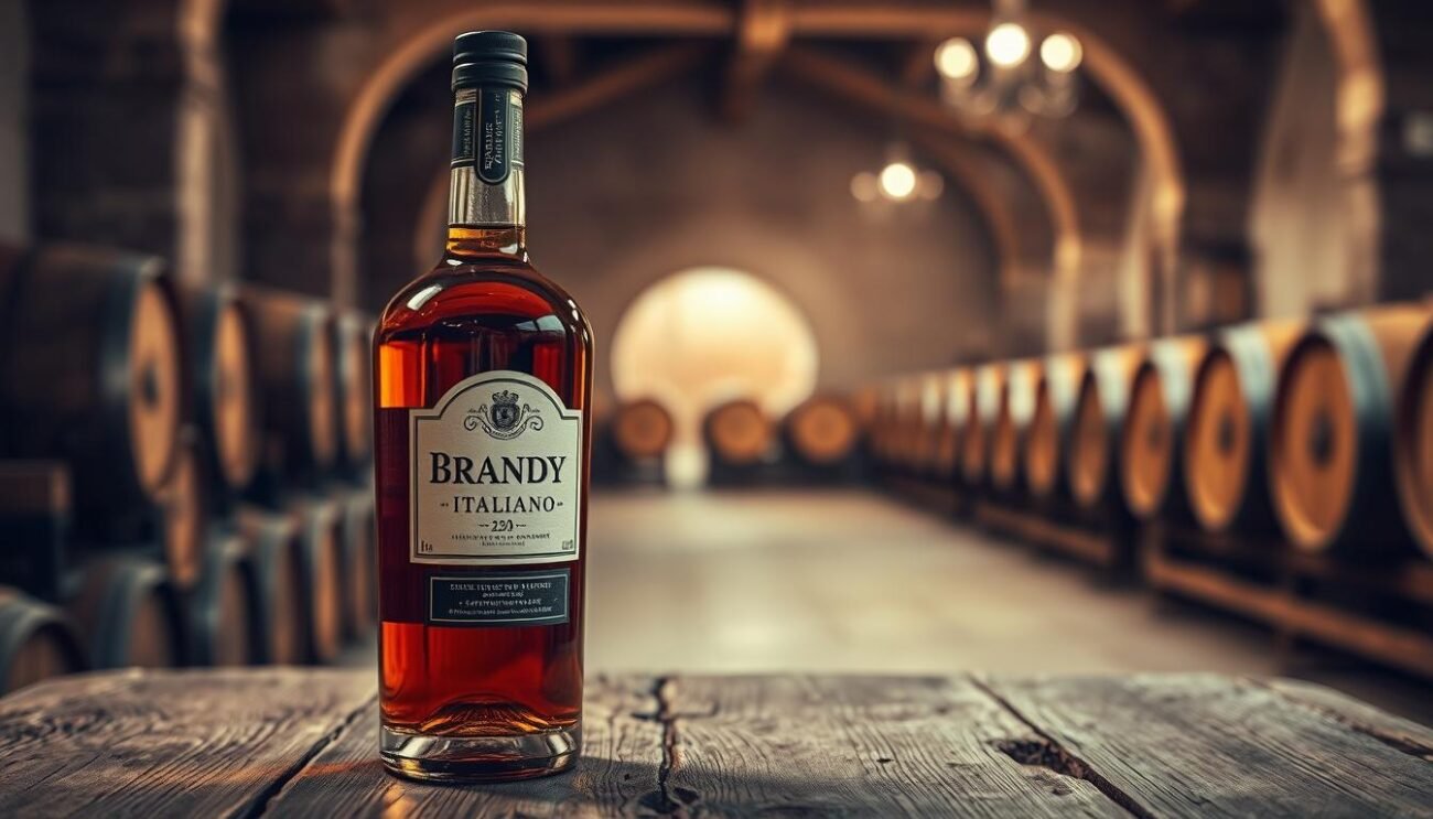 A beautifully aged bottle of Brandy Italiano stands proudly on a weathered oak table, its amber liquid reflecting the warm, mellow lighting. In the background, a hazy, sepia-toned winery interior evokes a sense of timeless tradition, with ancient barrels lining the walls and the faint aroma of oak and spice lingering in the air. The composition captures the rich heritage and artisanal craftsmanship that define this iconic Italian spirit, inviting the viewer to savor the nuances of its complex flavor profile and the storied legacy of its production.
