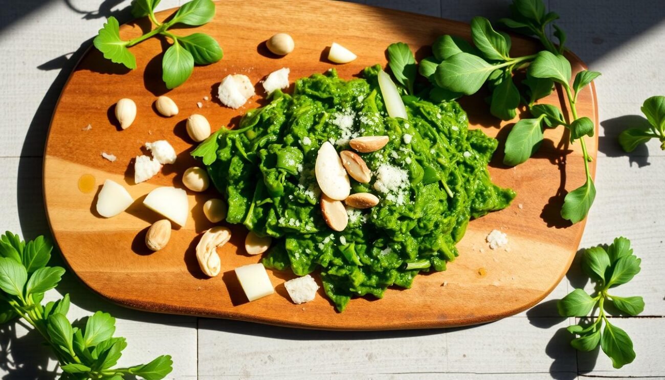 A beautifully arranged wooden board showcases the vibrant, freshly prepared pesto alla genovese. The verdant agretti leaves are delicately chopped, their bright green hues complemented by the rich, creamy texture of the pesto. Slivers of garlic, pine nuts, and freshly grated parmesan cheese create a harmonious blend of flavors, while a drizzle of high-quality olive oil adds a glossy sheen. The composition is lit from the side, casting gentle shadows that accentuate the dish's natural textures and colors. The overall mood is one of spring freshness, inviting the viewer to imagine the delightful aroma and taste of this classic Italian condiment. A beautifully arranged wooden board showcases the vibrant, freshly prepared pesto alla genovese. The verdant agretti leaves are delicately chopped, their bright green hues complemented by the rich, creamy texture of the pesto. Slivers of garlic, pine nuts, and freshly grated parmesan cheese create a harmonious blend of flavors, while a drizzle of high-quality olive oil adds a glossy sheen. The composition is lit from the side, casting gentle shadows that accentuate the dish's natural textures and colors. The overall mood is one of spring freshness, inviting the viewer to imagine the delightful aroma and taste of this classic Italian condiment.