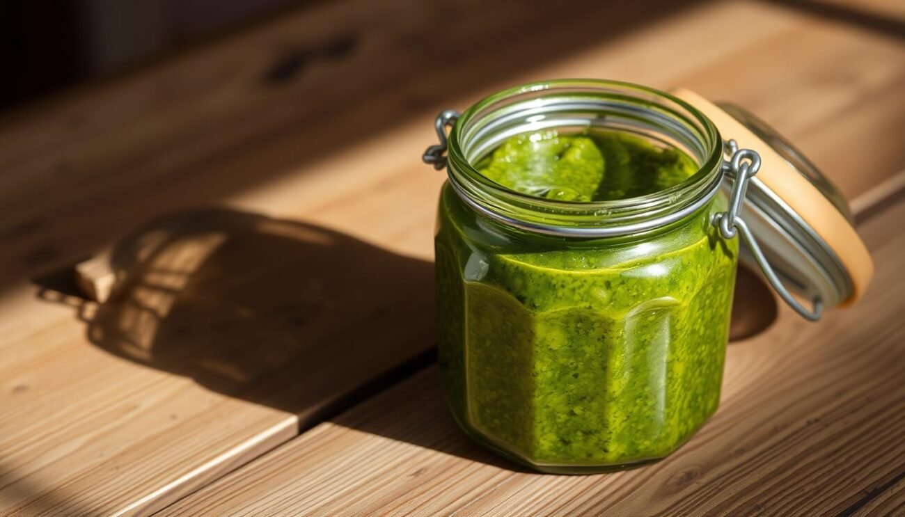 A beautifully crafted glass jar sits on a wooden table, its contents glistening with the vibrant green hue of freshly made pesto di fave. The jar's lid is sealed tightly, preserving the flavors and aromas of this authentic southern Italian delicacy. Soft, indirect lighting illuminates the scene, casting gentle shadows and highlighting the jar's intricate design. The table's rustic surface provides a natural, earthy backdrop, complementing the pesto's vibrant color. This image captures the essence of conservation, showcasing the care and attention required to maintain the purity and quality of this beloved pesto.
