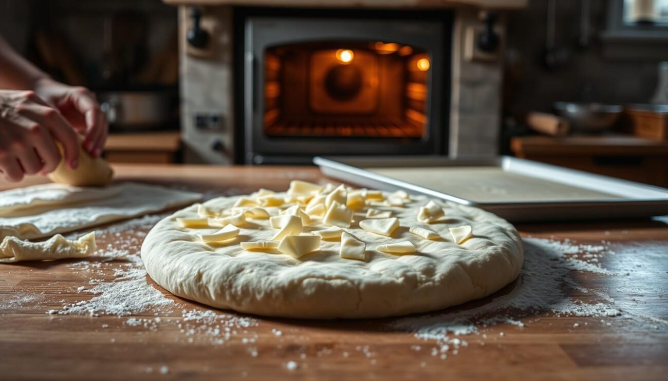 A beautifully lit kitchen counter, showcasing the step-by-step preparation of the classic Ligurian delicacy, Focaccia di Recco. In the foreground, skilled hands knead and stretch the dough into a delicate, paper-thin sheet. Atop the dough, slivers of soft, creamy cheese are carefully arranged. The middle ground captures the dough being carefully transferred to a baking sheet, ready to be cooked to golden perfection. In the background, a warm, rustic oven stands, its open door hinting at the impending baking process. The scene is bathed in soft, natural lighting, emphasizing the care and attention required to craft this beloved regional specialty.