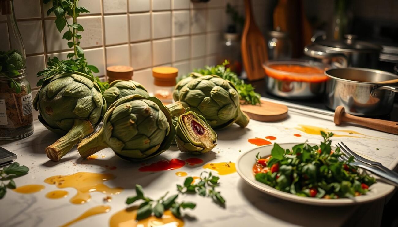 A beautifully lit kitchen counter with an array of fresh, seasonal ingredients - plump artichokes, fragrant herbs, and a simmering pot of sauce. The scene is slightly chaotic, with spills, splatters, and tools strewn about, capturing the challenges of cooking this classic Roman dish. Soft, diffused lighting casts warm tones, creating an inviting ambiance, while the composition emphasizes the imperfections of the preparation process. The resulting image should convey a sense of relatable, homespun authenticity, inviting the viewer to learn from the mistakes and embrace the beauty of the culinary journey. A beautifully lit kitchen counter with an array of fresh, seasonal ingredients - plump artichokes, fragrant herbs, and a simmering pot of sauce. The scene is slightly chaotic, with spills, splatters, and tools strewn about, capturing the challenges of cooking this classic Roman dish. Soft, diffused lighting casts warm tones, creating an inviting ambiance, while the composition emphasizes the imperfections of the preparation process. The resulting image should convey a sense of relatable, homespun authenticity, inviting the viewer to learn from the mistakes and embrace the beauty of the culinary journey.