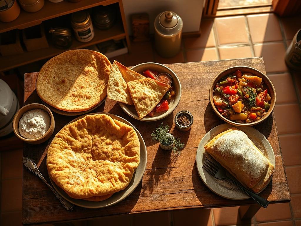 A beautifully lit overhead shot of an array of freshly prepared sorgo flour-based dishes, including a rich, golden sorgo flatbread, a hearty sorgo and vegetable stew, and a delicate sorgo flour pastry dusted with powdered sugar. The dishes are arranged on a rustic wooden table, with a backdrop of simple kitchen shelves, jars, and a terracotta tile floor. Warm Mediterranean light floods the scene, casting soft shadows and highlighting the natural textures and colors of the sorgo-based recipes. The overall mood is one of homemade comfort and culinary exploration, inviting the viewer to discover the versatility and flavor of this gluten-free ancient grain.