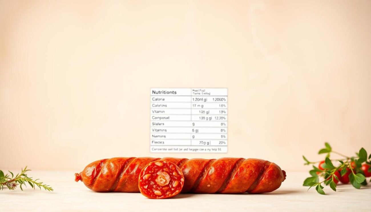 A beautifully presented image of the nutritional values of 'nduja, a traditional spicy Calabrian sausage. The image should feature a clean, minimalist layout with the 'nduja sausage prominently displayed in the foreground, showcasing its rich, vibrant red color. In the middle ground, a series of neatly arranged nutritional panels should provide detailed information about the sausage's caloric content, macronutrient composition, and key vitamins and minerals. The background should be a soft, neutral tone that complements the overall aesthetic, creating a sense of warmth and authenticity. The lighting should be crisp and evenly distributed, highlighting the texture and quality of the 'nduja. The entire composition should convey a sense of Italian culinary tradition and the healthful benefits of this unique regional delicacy.