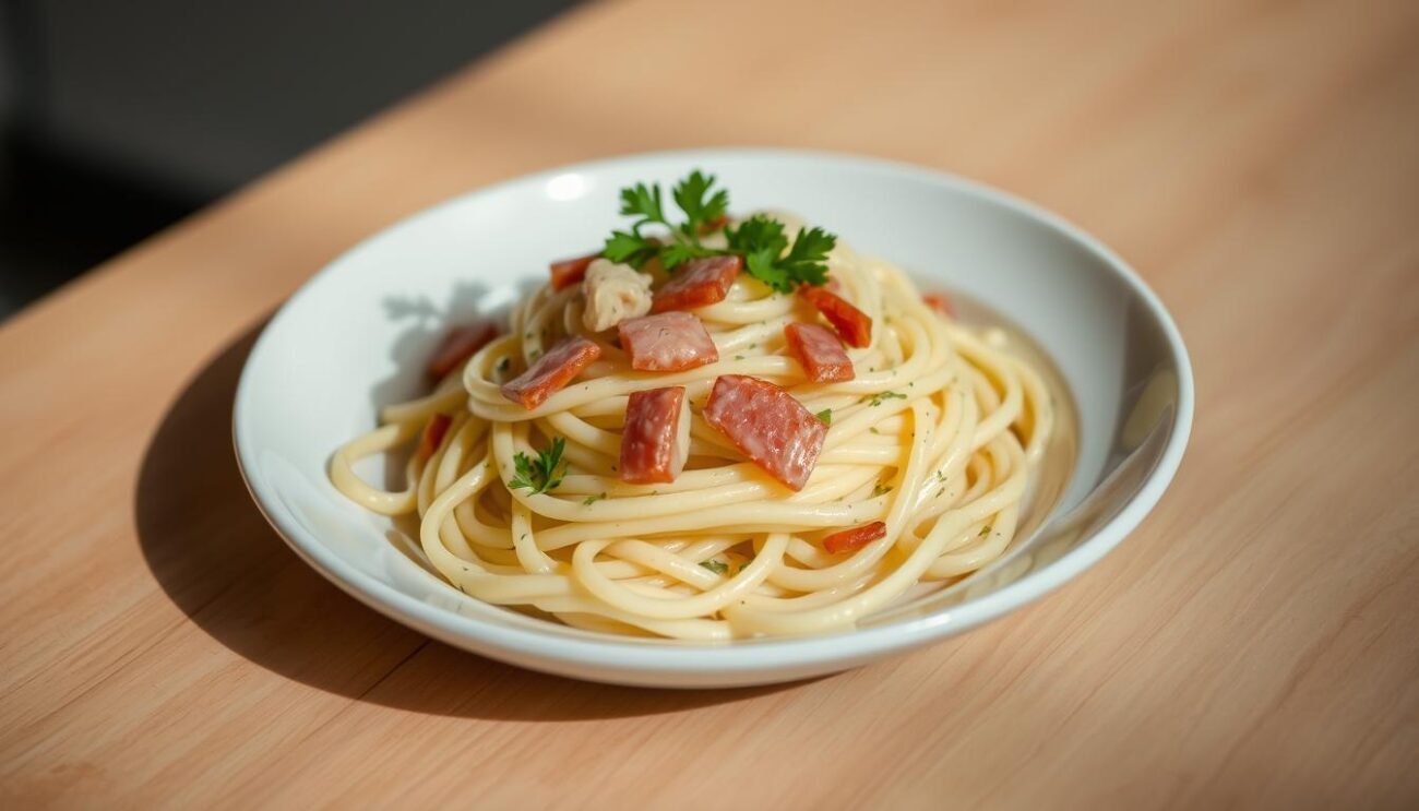 A beautifully presented pasta dish with creamy artichoke sauce and crisp pancetta, garnished with fresh parsley. The pasta is twirled elegantly on a white ceramic plate, the artichoke sauce glistening with a hint of olive oil. Strips of salty pancetta are nestled throughout, adding a delightful contrast. The plate is set against a soft, blurred background, creating a sense of depth and focus on the dish. Warm, directional lighting casts gentle shadows, highlighting the textures and colors. The overall mood is one of refined simplicity, inviting the viewer to savor the flavors and artistry of this delectable meal. A beautifully presented pasta dish with creamy artichoke sauce and crisp pancetta, garnished with fresh parsley. The pasta is twirled elegantly on a white ceramic plate, the artichoke sauce glistening with a hint of olive oil. Strips of salty pancetta are nestled throughout, adding a delightful contrast. The plate is set against a soft, blurred background, creating a sense of depth and focus on the dish. Warm, directional lighting casts gentle shadows, highlighting the textures and colors. The overall mood is one of refined simplicity, inviting the viewer to savor the flavors and artistry of this delectable meal.