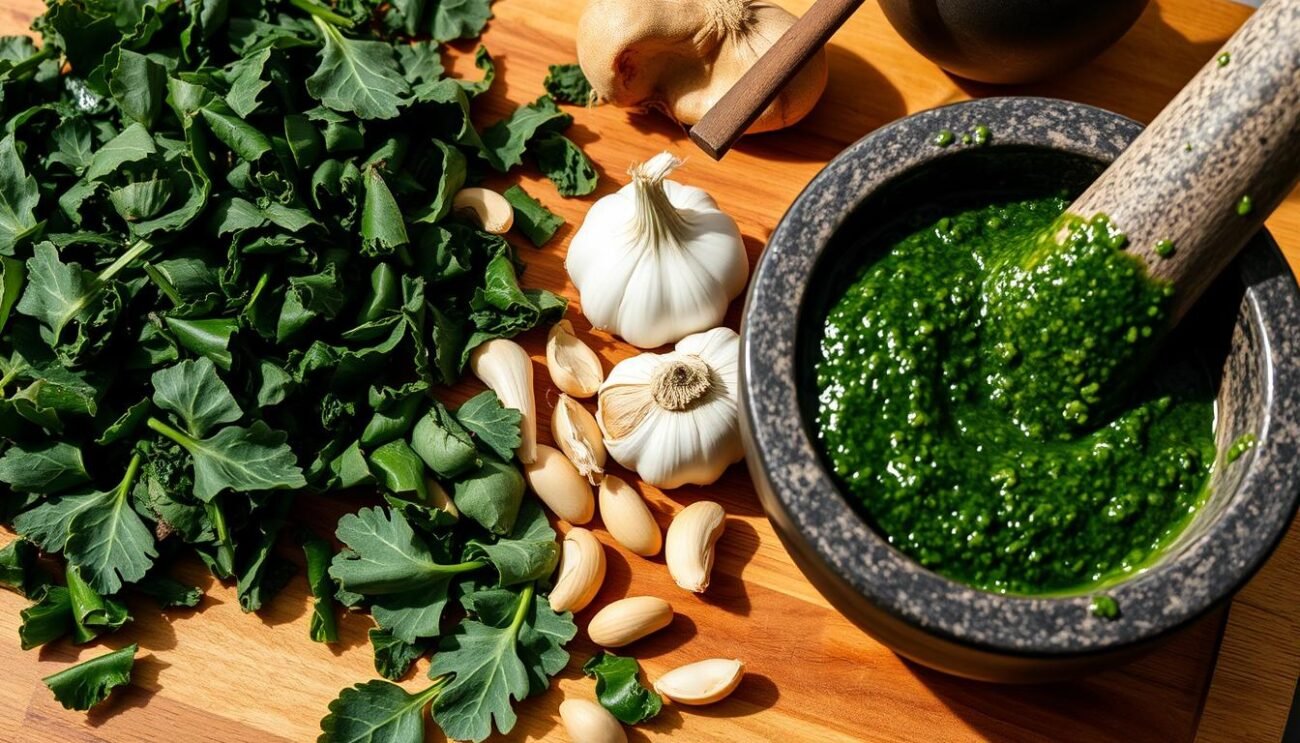 A beautifully styled close-up of a wooden cutting board, featuring freshly chopped black kale leaves, garlic cloves, pine nuts, and a mortar and pestle filled with the deep green pesto mixture. The lighting is warm and natural, casting gentle shadows that accentuate the textures and colors of the ingredients. The composition is balanced, with the ingredients arranged artfully, inviting the viewer to imagine the aroma and flavor of the homemade pesto. The overall mood is one of rustic sophistication, showcasing the simple yet elegant preparation of this winter-inspired pesto.