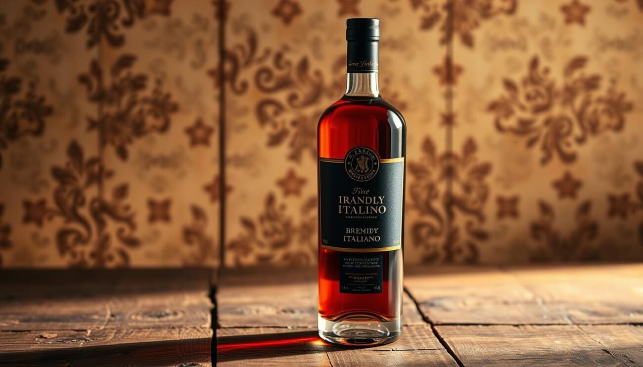 A bottle of brandy with a distinctive Italian design, standing prominently on a rustic wooden table. The bottle is illuminated by warm, soft lighting, casting gentle shadows and highlighting the rich, amber hue of the liquid within. In the background, a vintage-inspired wallpaper or textured surface adds depth and character to the scene, evoking a sense of traditional Italian craftsmanship. The overall composition conveys the essence of the "Brandy IGP Italiano" - a premium spirit steeped in the heritage and terroir of the Italian peninsula.