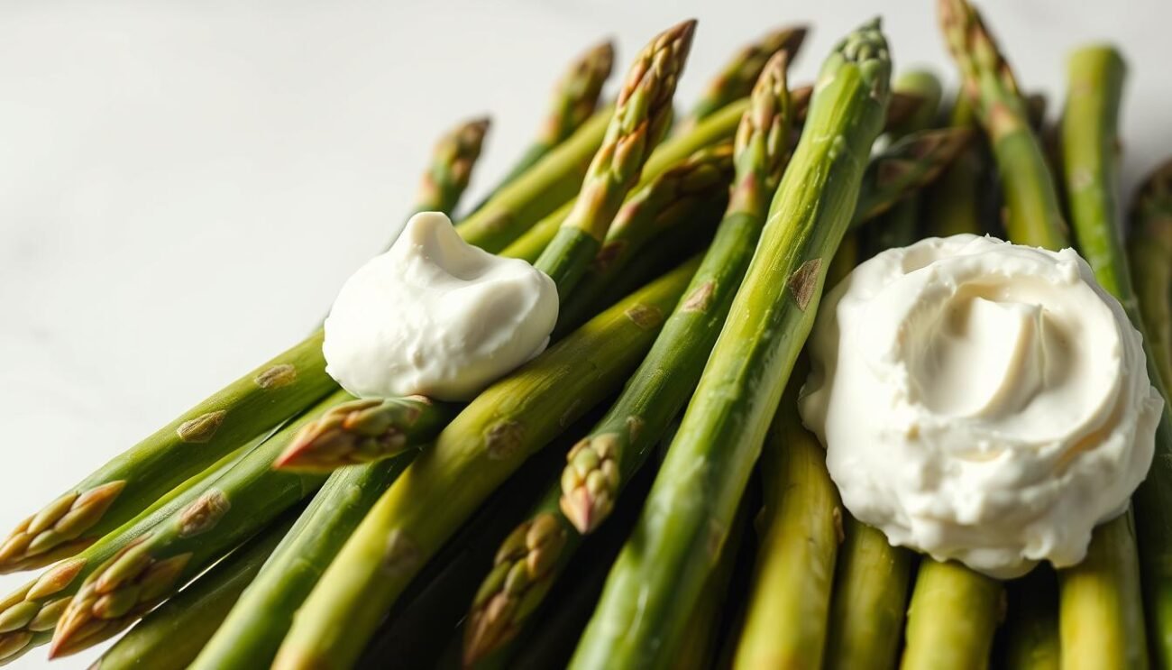 A bountiful arrangement of fresh asparagus spears, delicately poised against a light, airy backdrop. The crisp, vibrant green hues of the asparagus contrast beautifully with the creamy, velvety texture of the mascarpone cheese. Soft, diffused lighting casts a gentle glow, highlighting the natural elegance of the ingredients. The scene is captured from a slightly elevated angle, allowing the viewer to appreciate the harmonious composition of the ingredients. The overall mood is one of springtime freshness and culinary sophistication, inviting the viewer to imagine the delicate flavors and textures of the "Crema Asparagi e Mascarpone" dish.