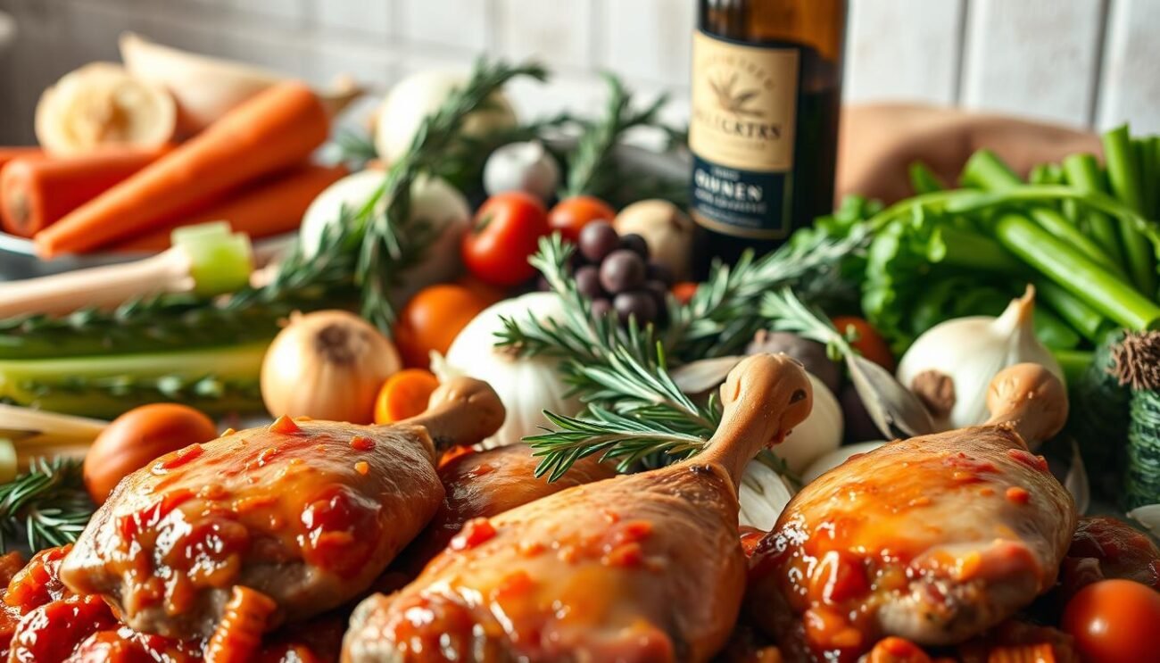 A bountiful array of ingredients for a rich and flavorful duck ragù. In the foreground, the star of the dish - succulent duck legs, seared to perfection. Surrounding them, a medley of aromatic vegetables: onions, carrots, celery, and garlic, awaiting their turn to contribute depth and complexity. In the middle ground, a handful of fragrant herbs - rosemary, thyme, and bay leaves - ready to infuse the simmering sauce with their earthy notes. In the background, a bottle of robust red wine, a crucial component to deglaze the pan and build the sauce's velvety texture. Illuminated by warm, natural lighting, the scene evokes the comforting aroma and the promise of a truly indulgent, slow-cooked ragù.
