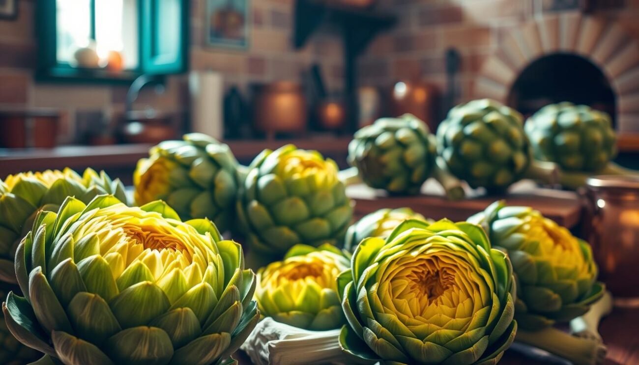A bountiful display of fresh, vibrant artichokes set against a warm, rustic Italian backdrop. Sunlight filters through a window, casting a soft, golden glow and enhancing the artichokes' lush, green hues. The foreground features a close-up view of several artichoke hearts, their intricate, layered petals unfurling to reveal their tender, succulent centers. In the middle ground, additional artichokes are arranged on a wooden table, their thick, fleshy stems and sturdy leaves adding depth and texture to the scene. The background depicts a cozy, traditional Italian kitchen, with terracotta tiles, copper pots, and a glimpse of a brick oven, creating a sense of authenticity and a connection to the culinary heritage of the region. A bountiful display of fresh, vibrant artichokes set against a warm, rustic Italian backdrop. Sunlight filters through a window, casting a soft, golden glow and enhancing the artichokes' lush, green hues. The foreground features a close-up view of several artichoke hearts, their intricate, layered petals unfurling to reveal their tender, succulent centers. In the middle ground, additional artichokes are arranged on a wooden table, their thick, fleshy stems and sturdy leaves adding depth and texture to the scene. The background depicts a cozy, traditional Italian kitchen, with terracotta tiles, copper pots, and a glimpse of a brick oven, creating a sense of authenticity and a connection to the culinary heritage of the region.