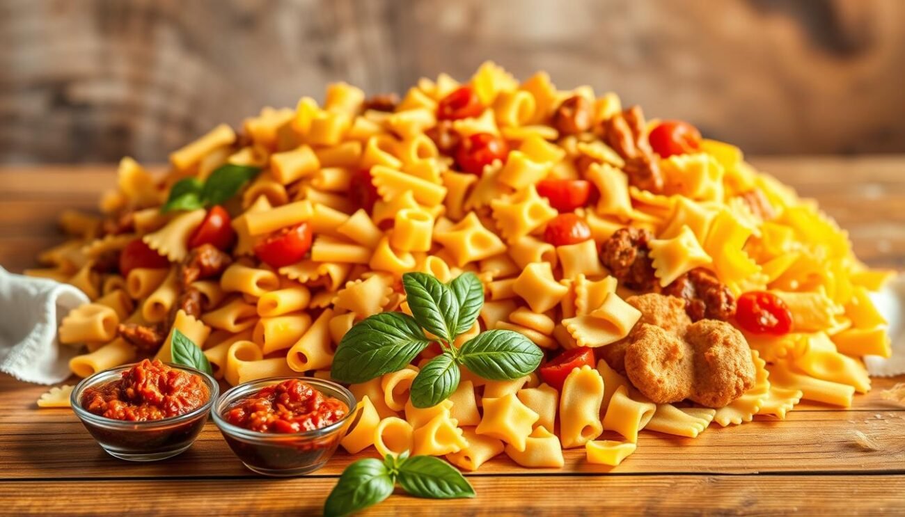 A bountiful display of various Italian pasta, including penne, rigatoni, and farfalle, arranged artfully on a wooden table. The warm lighting casts a gentle glow, highlighting the vibrant colors and intricate textures of the pasta pieces. In the foreground, a few sprigs of fresh basil and a small dish of 'nduja, a spicy Calabrian sausage paste, add a touch of authentic Italian essence. The middle ground showcases the diverse shapes and sizes of the pasta, while the background subtly fades into a softly blurred, rustic setting, evoking the homemade, traditional nature of this iconic Italian cuisine.