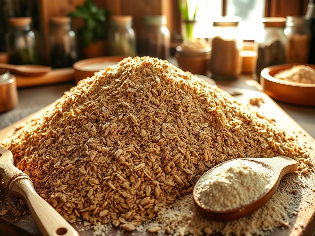 A bountiful pile of whole rye flour, its earthy hues and coarse texture inviting the senses. Sunlight filters through a nearby window, casting a warm glow over the rustic kitchen setting. Wooden utensils and a worn cutting board lie in the foreground, hinting at the culinary possibilities. In the background, jars of herbs and spices suggest the flavors that will soon be woven into a nourishing dish. The scene exudes an atmosphere of simple, wholesome sustenance, reflecting the inherent benefits of incorporating whole rye flour into the kitchen.