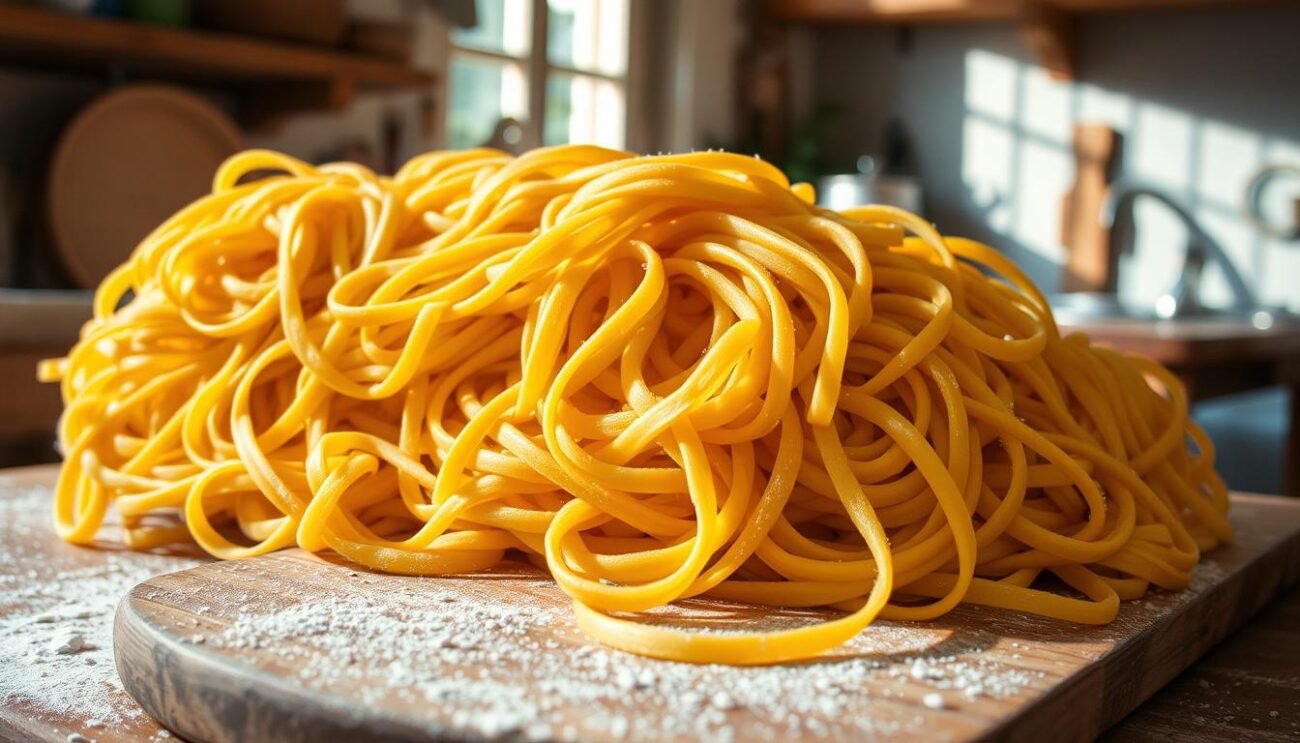 A bountiful platter of fresh, homemade pasta nestled against a backdrop of a rustic Italian kitchen. The silky strands, in a vibrant golden hue, are arranged with care, their delicate textures and subtle curves inviting the viewer to indulge. Sunlight filters through a nearby window, casting a warm, inviting glow across the scene, highlighting the pasta's natural sheen. In the foreground, a wooden board stands ready, adorned with a light dusting of flour, hinting at the hands that carefully crafted this culinary delight. The overall atmosphere evokes the comforting essence of traditional Italian cuisine, where the simple pleasures of a well-made pasta dish take center stage.