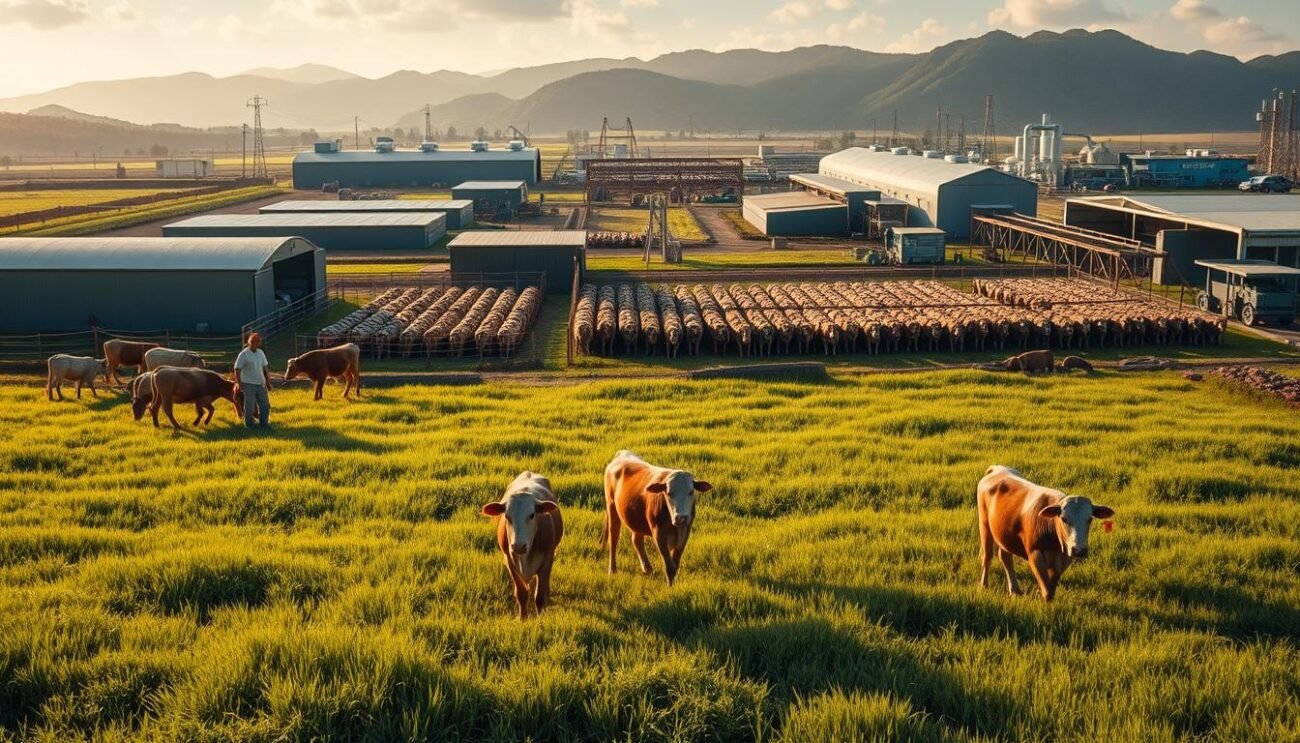 A breathtaking panorama of a thriving livestock farm, capturing the essence of the meat production journey. In the foreground, a herd of cattle grazes peacefully in a lush, verdant field, bathed in warm, golden light. The middle ground showcases the various stages of processing, with workers expertly handling the animals with care and precision. In the background, modern facilities and machinery stand as a testament to the industry's advancements, creating a harmonious blend of traditional and contemporary elements. The scene exudes a sense of order, efficiency, and the deep-rooted connection between the land, the animals, and the people who bring this nourishing sustenance to the table.