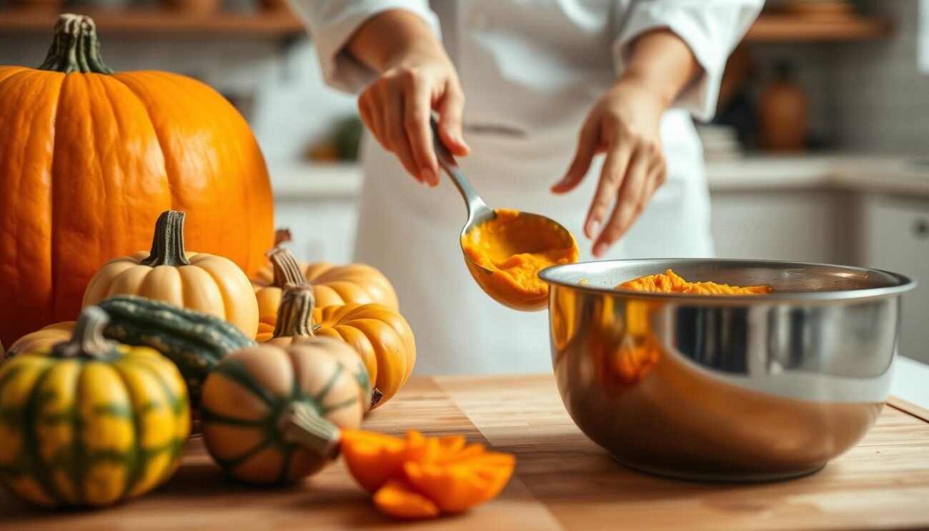 A bright, airy kitchen scene, with a large wooden cutting board in the foreground. On the board, neatly arranged, are various autumn squash, including a vibrant orange pumpkin, a delicate butternut squash, and a few smaller gourds. In the middle ground, a skilled chef's hands are gently scooping the rich, creamy pumpkin puree into a stainless steel bowl, the warm hues of the squash contrasting with the cool, gleaming metal. Soft, diffused lighting bathes the scene, casting gentle shadows and highlights that accentuate the textures and shapes of the ingredients. The atmosphere is one of calm, focused preparation, a quiet moment in the creation of a cozy, autumn-inspired dish.
