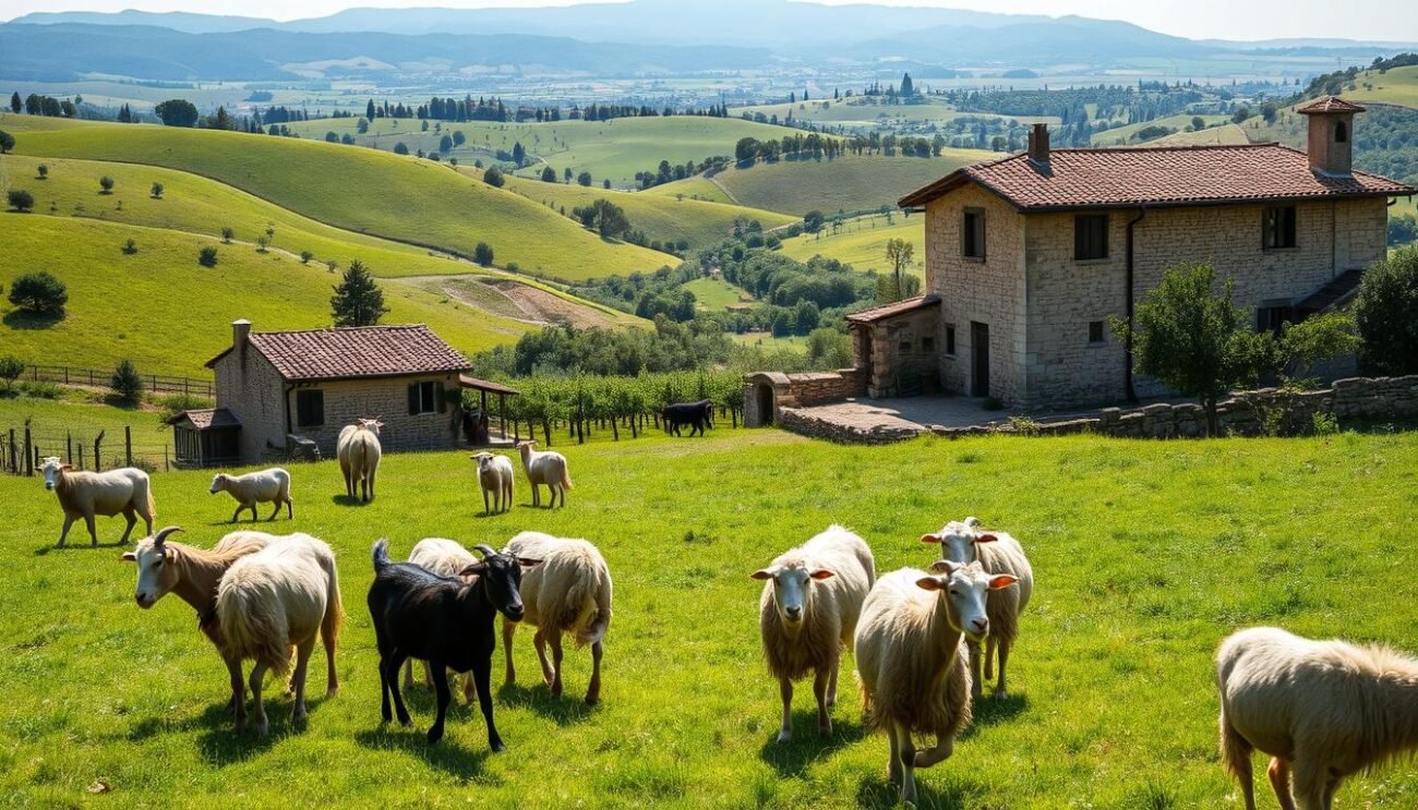 A bucolic Italian countryside, verdant hills dotted with traditional stone farmhouses. In the foreground, a herd of gentle, free-roaming livestock - perhaps hardy goats or sheep - grazing peacefully in a sun-dappled meadow. The middle ground reveals an old-world barn, its weathered wood and tile roof exuding a sense of timeless heritage. In the background, vineyards and olive groves stretch towards a horizon hazy with Mediterranean light. The scene conveys a deep reverence for the land and a harmonious coexistence between man, animal, and nature - the essence of Italy's cherished agricultural traditions.