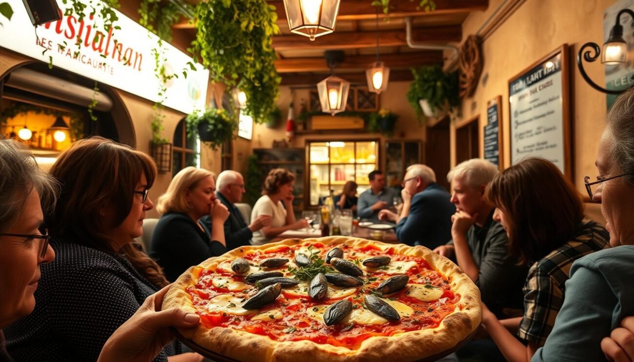 A bustling Catanian restaurant, its warm glow inviting passersby. At the center, a platter of freshly baked sciacciata catanese, the Sicilian flatbread adorned with melted toma cheese and glistening anchovy fillets. Diners gather around, savoring each bite as the scents of olive oil and herbs waft through the air. Soft lighting casts a cozy ambiance, highlighting the rustic, family-run atmosphere. Hanging plant vines and weathered wooden beams frame the scene, transporting us to the charming backstreets of Catania. This is where the essence of sciacciata catanese is truly celebrated, a delectable representation of Sicily's culinary heritage.