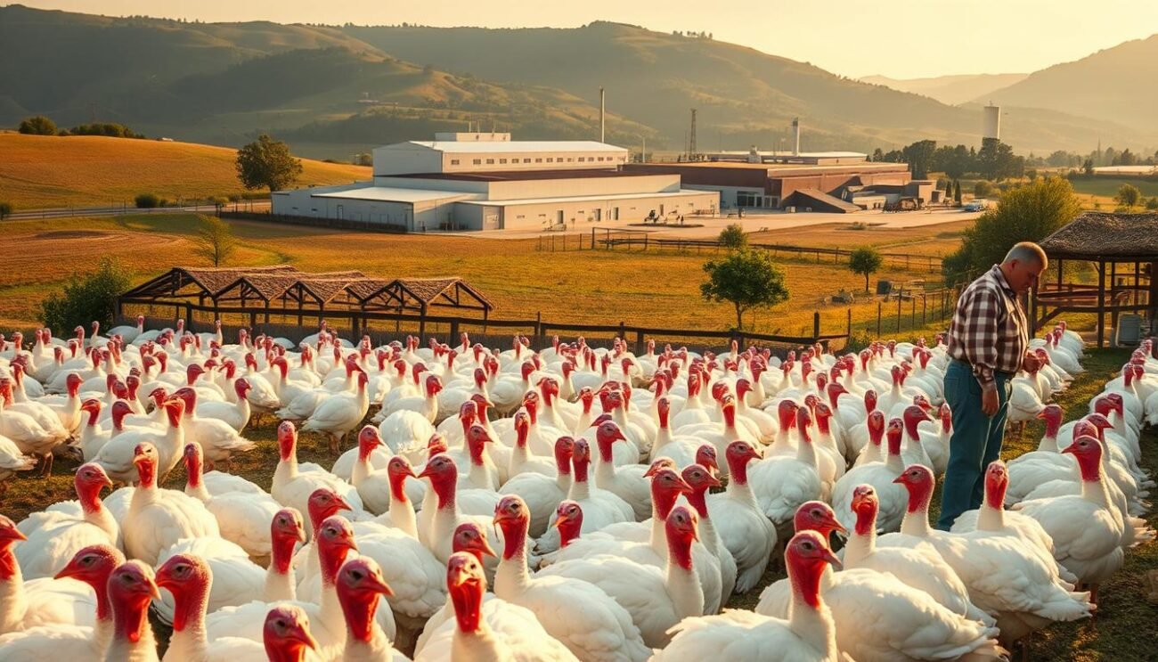 A bustling Italian turkey farm, nestled in the rolling countryside. Rows of coops house plump, healthy turkeys, their feathers shimmering in the warm golden light. In the foreground, a farmer carefully tends to the birds, checking their well-being with a practiced eye. Beyond, a processing facility stands, its modern architecture blending seamlessly with the rustic landscape. The scene conveys a sense of care, tradition, and the journey from life to table, perfectly capturing the essence of "Tacchini Italiani: Dalla Vita alla Tavola". A bustling Italian turkey farm, nestled in the rolling countryside. Rows of coops house plump, healthy turkeys, their feathers shimmering in the warm golden light. In the foreground, a farmer carefully tends to the birds, checking their well-being with a practiced eye. Beyond, a processing facility stands, its modern architecture blending seamlessly with the rustic landscape. The scene conveys a sense of care, tradition, and the journey from life to table, perfectly capturing the essence of "Tacchini Italiani: Dalla Vita alla Tavola".
