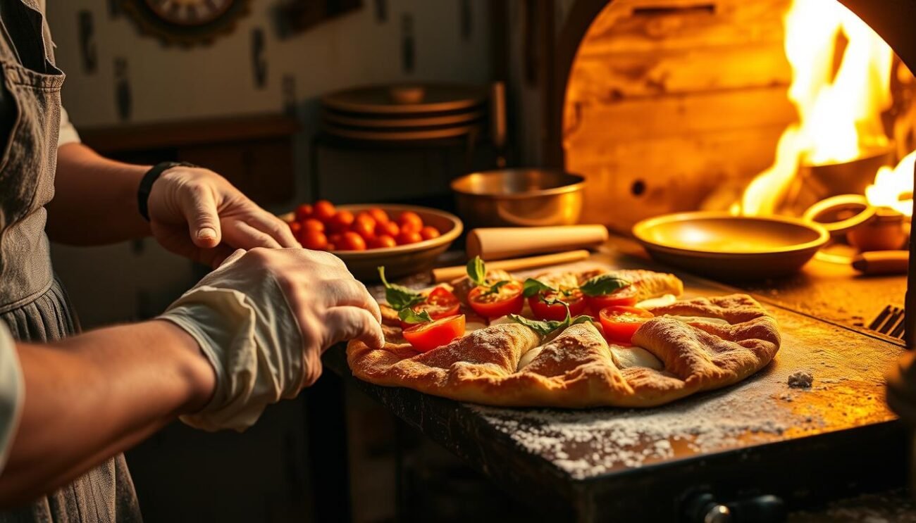 A bustling Neapolitan kitchen in the early 20th century. Flour-dusted hands skillfully kneading dough, rolling it out thin. Juicy tomatoes, fragrant basil, and creamy mozzarella are layered onto the dough, before it is folded over and crimped to form a perfect half-moon calzone. The wood-fired oven's warmth envelops the room, as the golden-brown pastry bakes to crispy perfection. Sunlight streams through the window, casting a warm glow on the scene. The aroma of freshly baked calzone fills the air, beckoning to be savored in this historic culinary tradition.
