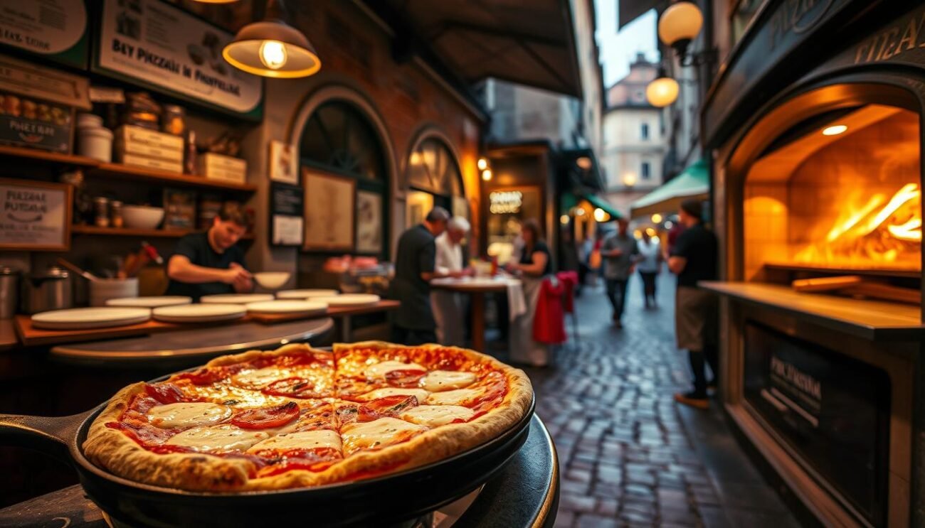 A bustling Torinese pizzeria, its warm glow casting a cozy ambiance across the historic cobblestone street. In the foreground, a pizza al padellino sizzles on a cast-iron pan, its thick, fluffy crust and bubbling mozzarella beckoning the senses. The middle ground reveals the time-honored tradition, with skilled pizzaioli kneading dough and sliding pies into a wood-fired oven, its flames flickering. In the background, the iconic architecture of Turin frames the scene, a testament to the city's rich culinary heritage. Soft, diffused lighting accentuates the rustic, homely atmosphere, transporting the viewer to a bygone era of Italian pizza-making mastery. A bustling Torinese pizzeria, its warm glow casting a cozy ambiance across the historic cobblestone street. In the foreground, a pizza al padellino sizzles on a cast-iron pan, its thick, fluffy crust and bubbling mozzarella beckoning the senses. The middle ground reveals the time-honored tradition, with skilled pizzaioli kneading dough and sliding pies into a wood-fired oven, its flames flickering. In the background, the iconic architecture of Turin frames the scene, a testament to the city's rich culinary heritage. Soft, diffused lighting accentuates the rustic, homely atmosphere, transporting the viewer to a bygone era of Italian pizza-making mastery.