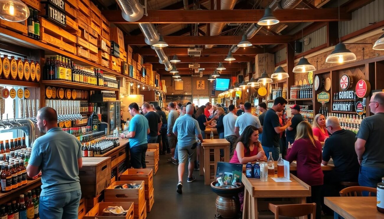 A bustling artisanal beer market, bursting with vibrant colors and rich flavors. Wooden crates overflow with an array of unique brews, their labels beckoning to be discovered. Taps gleam beneath warm, ambient lighting, inviting patrons to sample the latest craft creations. Knowledgeable vendors engage enthusiastically, guiding customers through the diverse offerings. The aroma of hops and yeast fills the air, creating an atmosphere of connoisseurship and celebration. Patrons gather around high-top tables, immersed in lively discussions, sharing their passion for the ever-evolving world of artisanal beers.