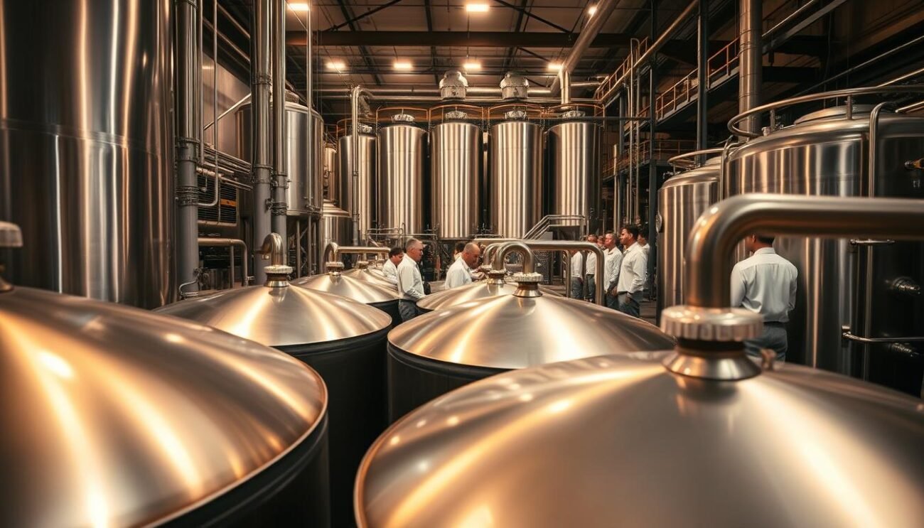A bustling brewery interior, filled with the rhythmic hum of machinery and the earthy aroma of hops. In the foreground, shiny stainless steel vats churn with the liquid gold of Pilsner, their gleaming surfaces reflecting the warm, diffused lighting overhead. In the middle ground, workers in crisp white uniforms carefully monitor the fermentation process, their eyes attentive to every detail. The background reveals a series of towering silos, their cylindrical forms casting long shadows across the scene, symbolizing the industrial scale of modern Pilsner production. The overall atmosphere is one of precision, efficiency, and the proud tradition of crafting this beloved style of beer.