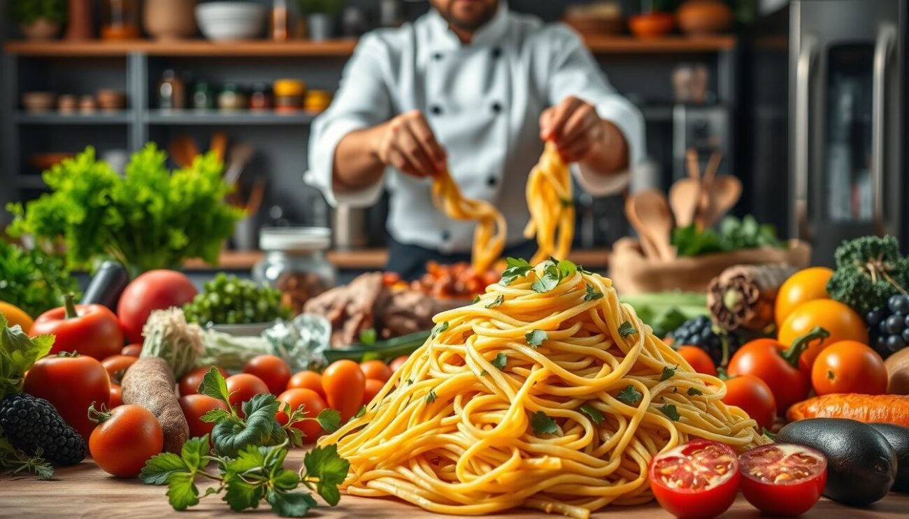 A bustling kitchen scene, showcasing a variety of fresh, high-quality ingredients. In the foreground, a mound of al dente pasta takes center stage, surrounded by an array of vibrant vegetables, savory meats, and aromatic herbs. The middle ground features a chef, their hands skillfully tossing the pasta with a flavorful sauce, capturing the essence of culinary artistry. In the background, a well-stocked pantry and sleek, modern appliances create a professional, yet inviting atmosphere. Warm, natural lighting casts a soft glow, highlighting the rich colors and textures of the dish. The overall composition conveys a sense of balance, nutrition, and the perfect harmony of flavors that make pasta a staple in the bodybuilder's diet. A bustling kitchen scene, showcasing a variety of fresh, high-quality ingredients. In the foreground, a mound of al dente pasta takes center stage, surrounded by an array of vibrant vegetables, savory meats, and aromatic herbs. The middle ground features a chef, their hands skillfully tossing the pasta with a flavorful sauce, capturing the essence of culinary artistry. In the background, a well-stocked pantry and sleek, modern appliances create a professional, yet inviting atmosphere. Warm, natural lighting casts a soft glow, highlighting the rich colors and textures of the dish. The overall composition conveys a sense of balance, nutrition, and the perfect harmony of flavors that make pasta a staple in the bodybuilder's diet.