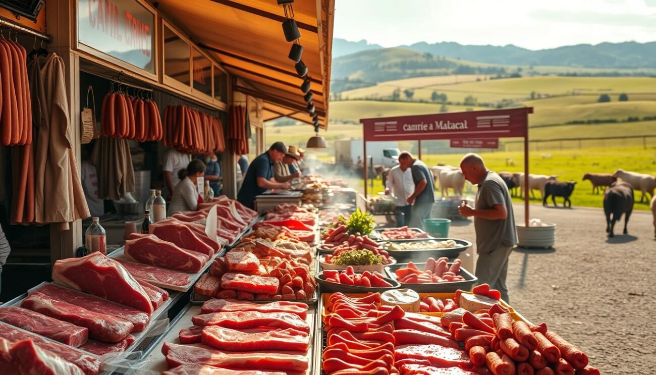 A bustling open-air market, with local butchers and farmers offering their fresh, high-quality meats. Vibrant displays of various cuts, from tender steaks to hearty sausages, showcasing the diversity of Italy's regional livestock. Warm sunlight filters through the stalls, casting a golden glow on the gleaming countertops. The air is filled with the savory aroma of grilled chops and the sounds of lively negotiations between vendors and customers. In the distance, rolling hills dotted with grazing cattle and sheep, a testament to the local, sustainable production that supplies this global marketplace. A scene that celebrates the intersection of traditional, small-scale farming and the international demand for authentic, Italian-sourced meats.