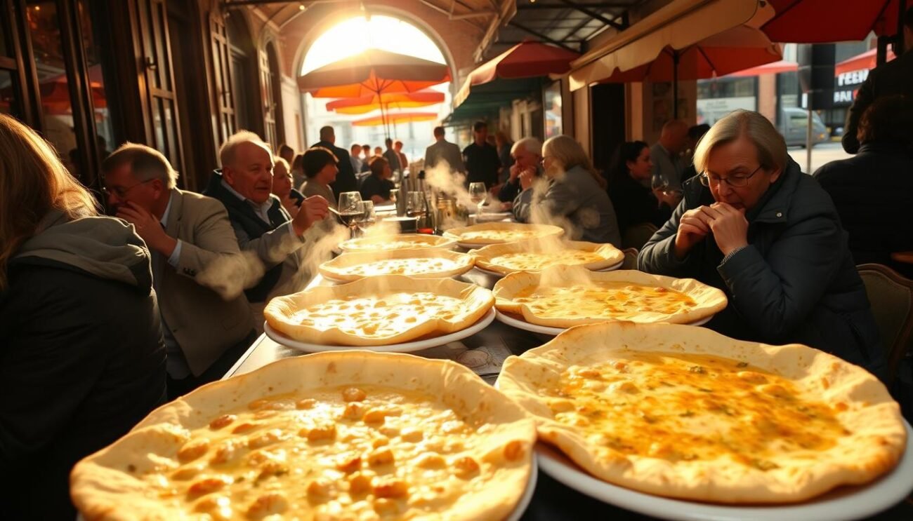 A bustling trattoria in the heart of Genoa, the interior bathed in warm, golden light filtering through large windows. On the tables, steaming plates of farinata genovese - a traditional, paper-thin, savory chickpea flatbread, crisp on the edges and soft in the center. Patrons eagerly tuck in, enjoying the distinct, nutty aroma and satisfying texture of this beloved local specialty. The atmosphere is lively, with the chatter of diners and the occasional clink of wine glasses. Vibrant market umbrellas line the sidewalk outside, inviting passersby to step in and savor a taste of authentic Ligurian cuisine. A bustling trattoria in the heart of Genoa, the interior bathed in warm, golden light filtering through large windows. On the tables, steaming plates of farinata genovese - a traditional, paper-thin, savory chickpea flatbread, crisp on the edges and soft in the center. Patrons eagerly tuck in, enjoying the distinct, nutty aroma and satisfying texture of this beloved local specialty. The atmosphere is lively, with the chatter of diners and the occasional clink of wine glasses. Vibrant market umbrellas line the sidewalk outside, inviting passersby to step in and savor a taste of authentic Ligurian cuisine.