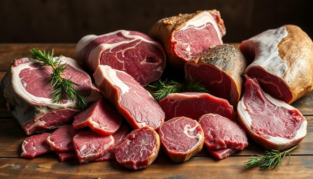 A carefully composed still life showcasing an assortment of high-quality Italian cuts of beef and pork. The meats are arranged on a rustic wooden surface, their deep red and pink hues complemented by the warm, muted tones of the setting. Soft, directional lighting casts gentle shadows, accentuating the texture and definition of the various cuts. The overall scene exudes a sense of craftsmanship, quality, and reverence for the art of butchery, capturing the essence of the section title "I Tagli di Carne: Un Viaggio tra le Partizioni". The image should inspire the viewer to appreciate the diverse array of premium Italian meat products.