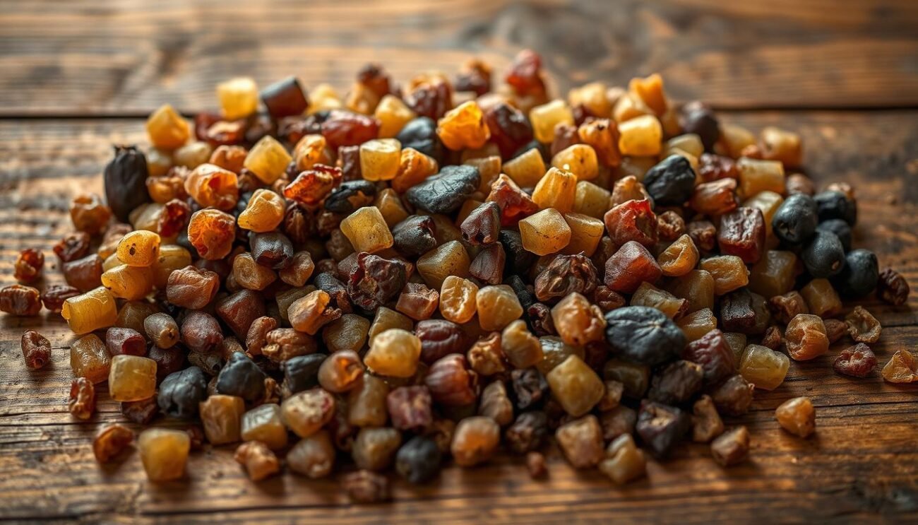 A carefully curated selection of high-quality grape pomace, or "vinacce", rests on a wooden surface, showcasing their diverse hues and textures. The pomace, a byproduct of wine production, holds the key to crafting exceptional grappa. Soft, indirect lighting gently illuminates the scene, accentuating the organic forms and natural tones of the vinacce. The composition is balanced, allowing the viewer to appreciate the intricate details and the inherent beauty of these crucial ingredients. This image captures the essence of the meticulous selection process that is the foundation of producing premium-quality grappa.