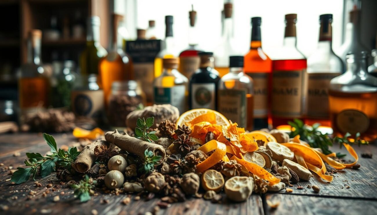 A carefully curated still life arrangement showcasing the essential ingredients for crafting authentic Italian amari liqueurs. In the foreground, various bitter botanicals and herbs - such as gentian root, wormwood, and orange peel - are meticulously arranged on a rustic wooden surface. The middle ground features an assortment of glass bottles and jars, each containing fragrant infusions, tinctures, and distillates that lend their unique flavors to the amari. The background is softly lit, evoking the warm, inviting ambiance of an Italian spice merchant's studio. The overall composition captures the artisanal spirit and rich, complex flavors that define the regional traditions of amaro production.