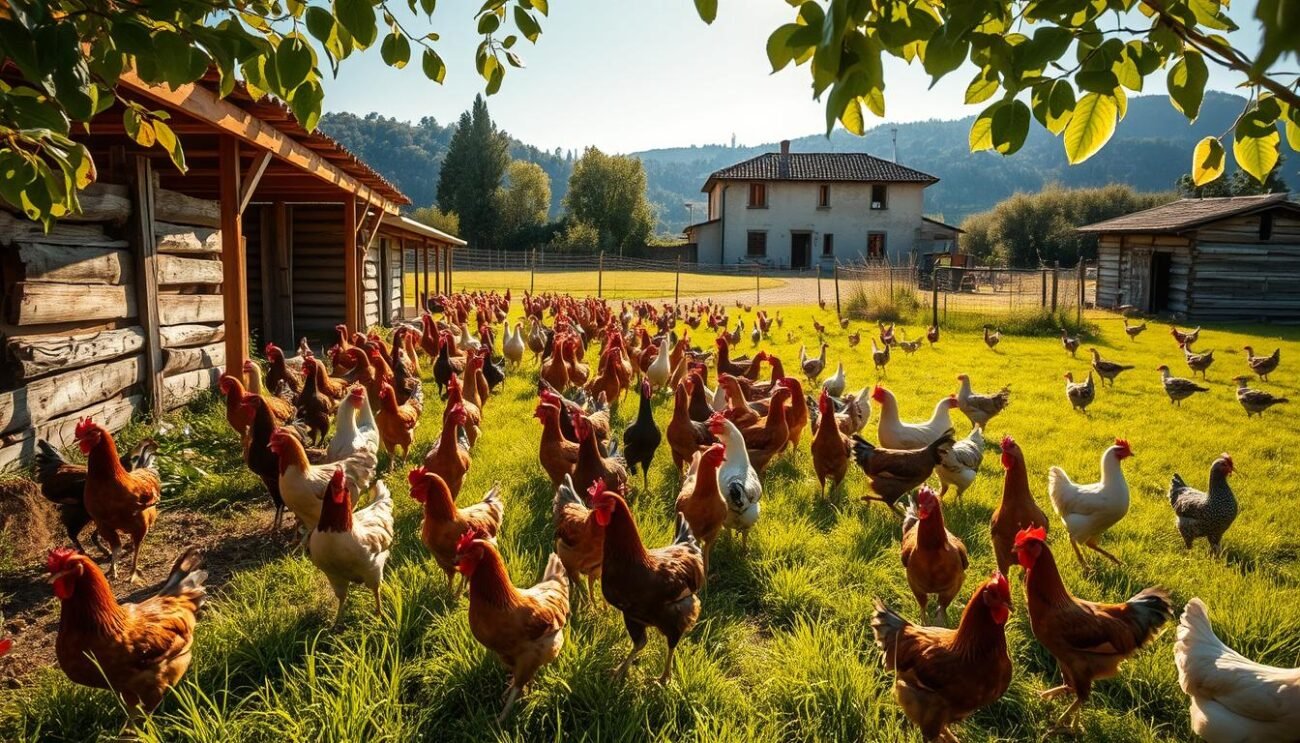 A charming outdoor chicken farm nestled in the picturesque Italian countryside. Rows of free-range hens roam freely across lush, verdant pastures, basking in the warm, golden sunlight. The scene is alive with the gentle clucking of the birds and the rustling of leaves in the soft breeze. Weathered wooden coops provide shelter, while a traditional farmhouse in the background adds to the tranquil, rustic ambiance. The image conveys a sense of harmony and the natural, unhurried rhythm of life on a sustainable, small-scale poultry operation.