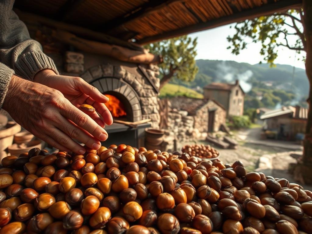 A charming rural scene of traditional chestnut production. In the foreground, weathered hands gently sift through a bountiful harvest of freshly gathered chestnuts, their rich, earthy tones capturing the essence of the autumn harvest. In the middle ground, a small wood-fired oven radiates warmth, its smoke curling skyward, as local artisans expertly roast the chestnuts to perfection. The background features a picturesque Ligurian landscape, with rolling hills, rustic stone buildings, and lush chestnut trees, conveying a timeless, pastoral atmosphere. Natural lighting casts a warm, golden glow over the scene, evoking a sense of tradition and authenticity. Captured with a wide-angle lens to showcase the full scope of this time-honored process. A charming rural scene of traditional chestnut production. In the foreground, weathered hands gently sift through a bountiful harvest of freshly gathered chestnuts, their rich, earthy tones capturing the essence of the autumn harvest. In the middle ground, a small wood-fired oven radiates warmth, its smoke curling skyward, as local artisans expertly roast the chestnuts to perfection. The background features a picturesque Ligurian landscape, with rolling hills, rustic stone buildings, and lush chestnut trees, conveying a timeless, pastoral atmosphere. Natural lighting casts a warm, golden glow over the scene, evoking a sense of tradition and authenticity. Captured with a wide-angle lens to showcase the full scope of this time-honored process.