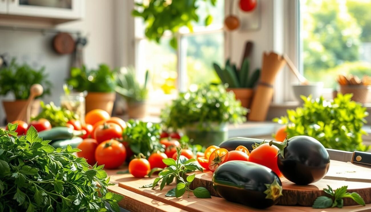 A cheerful, sun-drenched summer kitchen, filled with an array of fresh seasonal ingredients. In the foreground, a vibrant display of eggplants, tomatoes, and aromatic herbs - the key components for a delectable pesto dish. In the middle ground, a wooden cutting board showcases the preparation process, with a chef's knife slicing through ripe produce. The background reveals a window overlooking a lush, verdant garden, casting a warm, natural light across the scene. The overall mood is one of effortless culinary creativity, inspiring the viewer to experiment with tasty summer recipe variations.