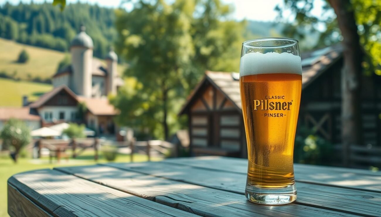 A classic European-style pilsner beer, with a golden hue and a crisp, clean finish. A serene outdoor scene depicts the origins of this iconic style - a traditional German brewery, nestled among rolling hills and lush greenery. Tall, slender glasses of pilsner are set atop a weathered wooden table, reflecting the sunlight filtering through nearby trees. The scene conveys a sense of history, tradition, and the timeless appeal of this beloved beer.