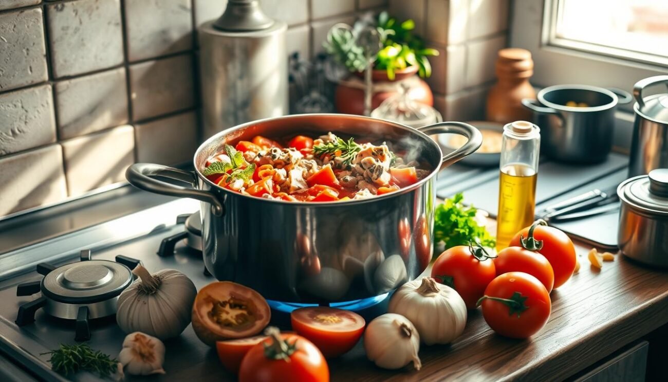 A classic Italian scene, a large saucepan simmers on a stove, filled with the rich and vibrant colors of fresh tomatoes, tuna, and fragrant herbs. Sunlight streams in through a nearby window, casting a warm glow over the kitchen counter, where an assortment of ingredients - garlic, onions, olive oil, and more - await their turn to be added to the ever-evolving sauce. The aroma of this timeless dish fills the air, inviting the viewer to step into the heart of an authentic Italian kitchen, where the preparation of a simple yet delectable sugo tonno e pomodoro is taking place.