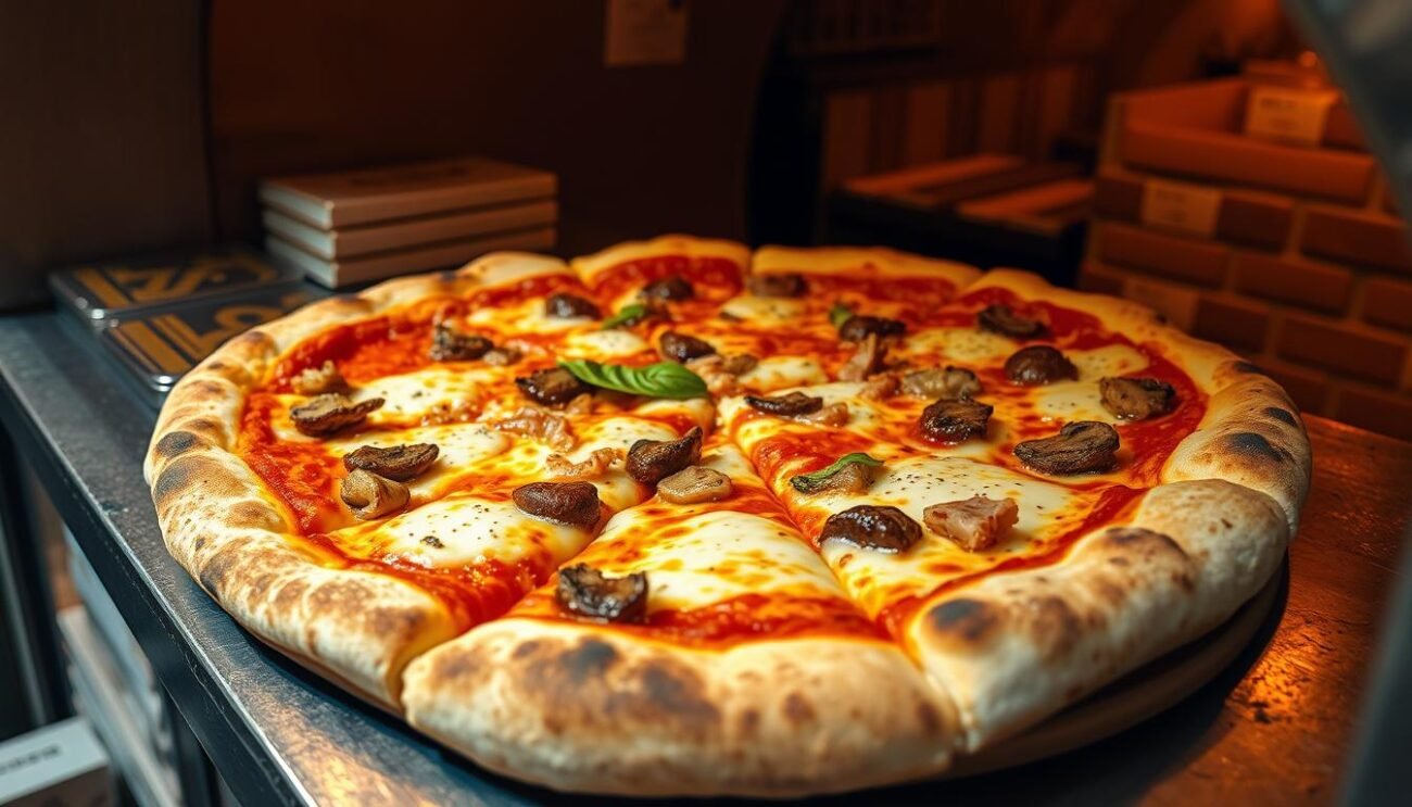 A classic Roman-style pizza al taglio, freshly baked in a traditional wood-fired oven. The thick, crunchy crust is adorned with glistening tomato sauce, melted mozzarella, and a variety of toppings typical of the region, such as artichokes, prosciutto, and sautéed mushrooms. The pizza is cut into rectangular slices and displayed in a bustling Italian bakery or street-side stall, beckoning passersby with its mouthwatering aroma. Warm, golden lighting illuminates the scene, creating a cozy, authentic atmosphere that captures the essence of Roman culinary heritage.