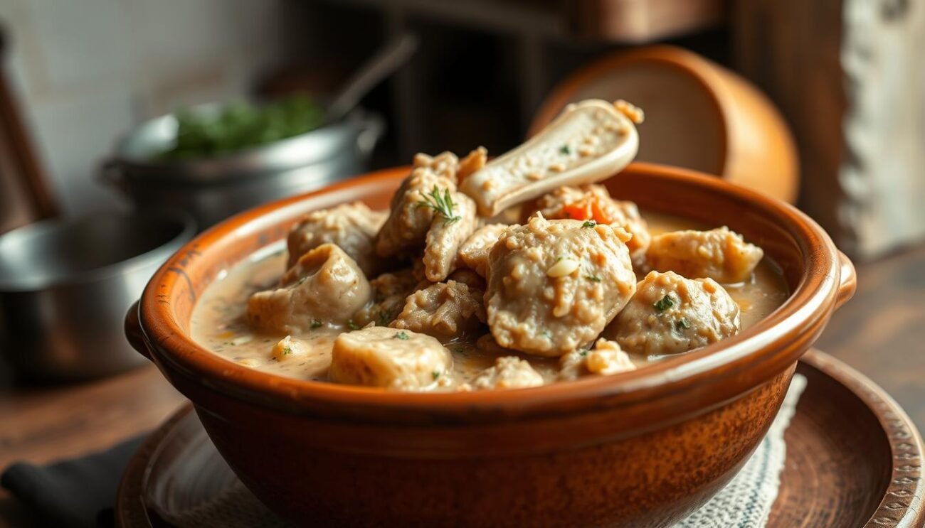 A classic, gently simmered Traditional White Rabbit Ragù, presented in a rustic earthenware bowl against a backdrop of a cozy Italian kitchen. The tender rabbit meat is bathed in a creamy, aromatic sauce infused with notes of garlic, onion, and herbs. Warm, soft lighting casts a welcoming glow, evoking the comforting atmosphere of an authentic trattoria. The image captures the essence of this beloved regional dish, inviting the viewer to savor the rich, homestyle flavors of the Traditional White Rabbit Ragù.