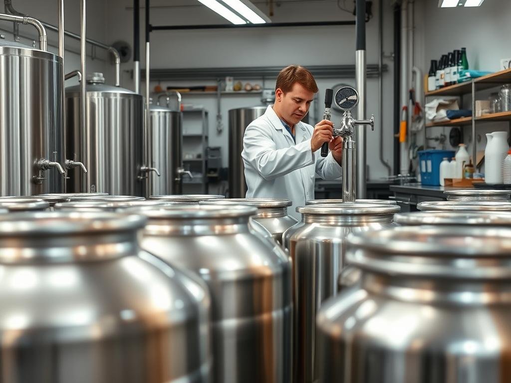A clean and organized workshop filled with gleaming stainless steel beer brewing equipment. In the foreground, a row of shiny kegs and carboys stand ready for detailed scrubbing and sanitizing. In the middle ground, a technician in a white lab coat carefully cleans and inspects a chrome-plated beer tap, ensuring it's spotless. The background features neatly arranged tools, brushes, and cleaning solutions, all illuminated by soft, even lighting that creates a calm, professional atmosphere. The overall scene conveys a sense of meticulous care and attention to detail, reflecting the comprehensive, step-by-step methods for properly maintaining beer brewing equipment.